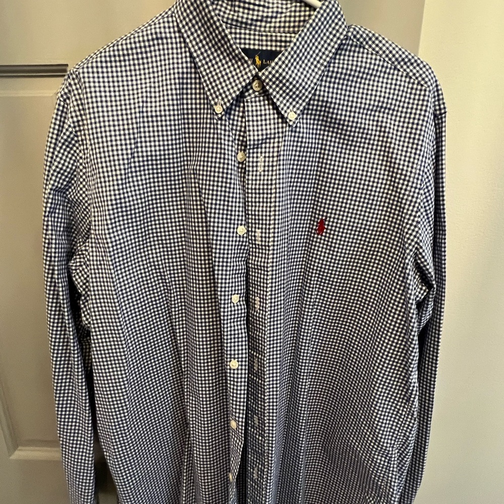 Ralph Lauren button up blue and white shirt. Size large